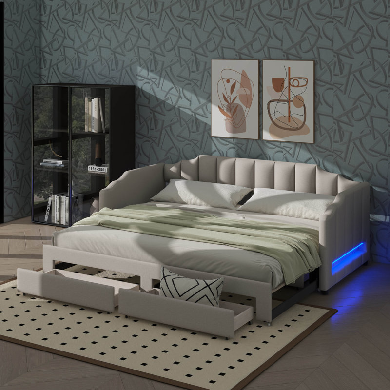 Lit de jour simple TG avec compartiment intégré et lit gigogne escamotable avec éclairage DEL, Beige