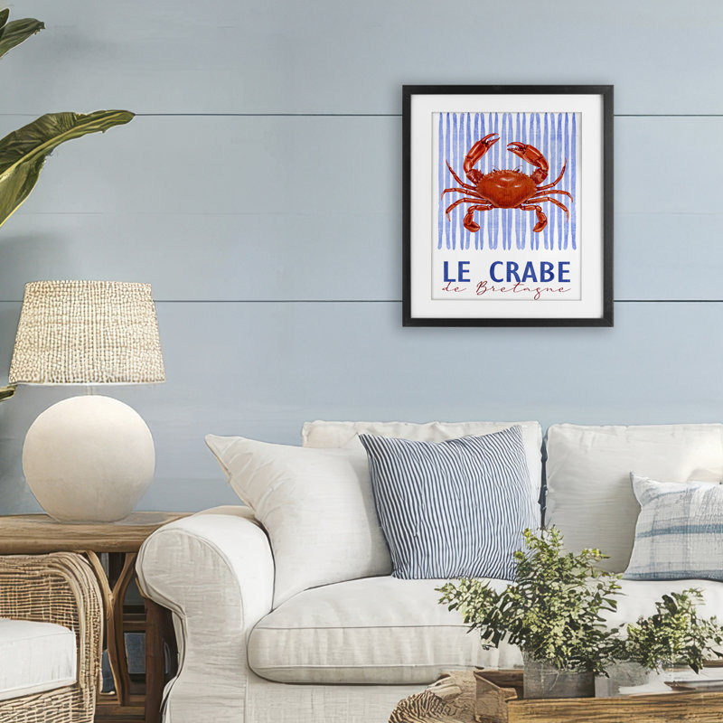Le Crabe Nautical Stripes, reproduction encadrée sous verre, conception de Kim Allen, Cadre noir minuit sous verre