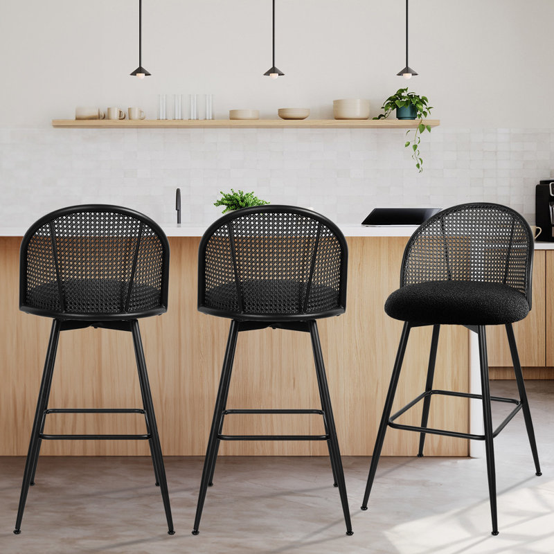 Black Metal Swivel Bar Stools with Rattan Backs, Set of 3