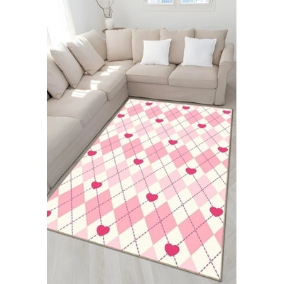 Pink Themed Striped Heart Patterned Creative Modern Decorative Carpet
