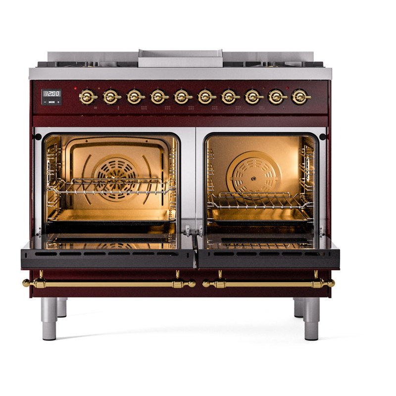 ILVE Nostalgie II 40 in Dual Fuel Range, Burgundy/Brass, Liquid Propane