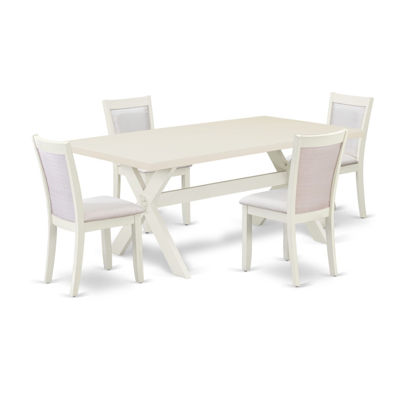 Ensemble table et chaises de cuisine 5 pièces comprenant une table de salle à manger rectangulaire avec pattes en X et 4 chaises de salle à manger Parsons en tissu lin crème.