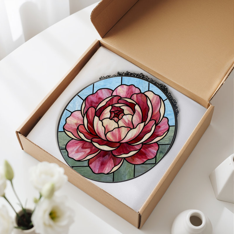 7.8"H Rose Pattern Stained Glass Window Panel, 7.8" H x 7.8" W
