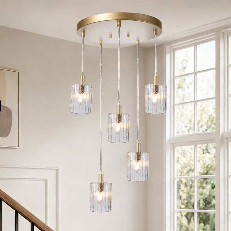 Lustre en cascade à 5 lumières en verre transparent nervuré 71 po, Gold