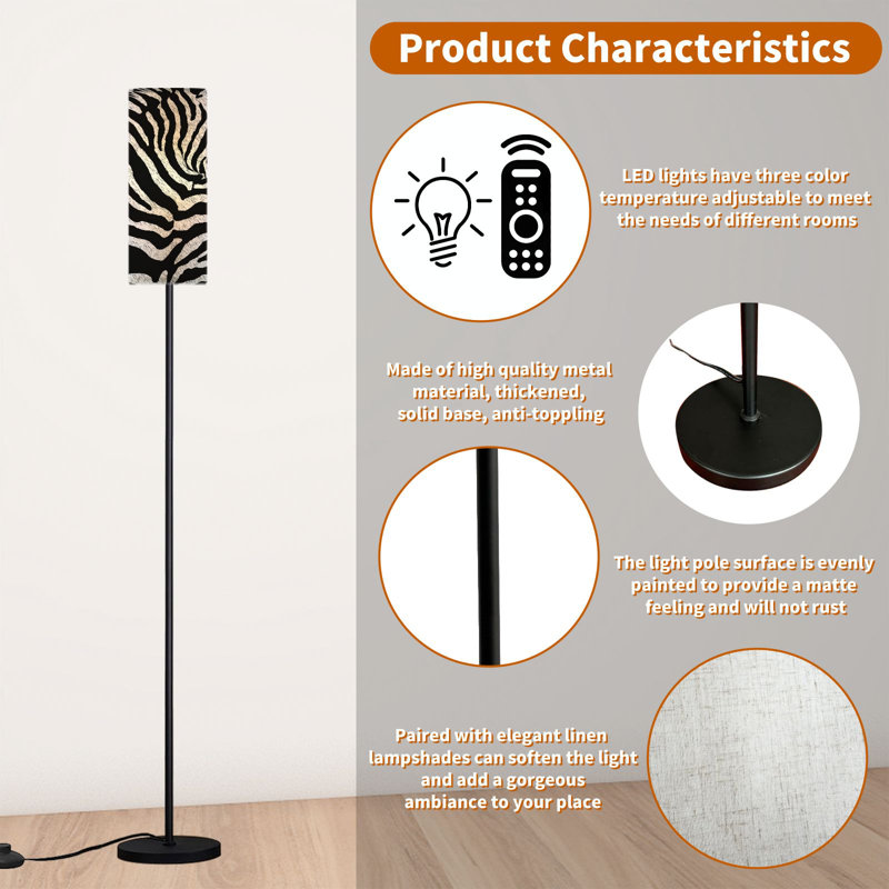  68.5" Standing Floor Lamp Seamless zebra skin abstract hand drawn Dimmable Metal Pole Lamp with Linen Lampshade LED Bulb Included