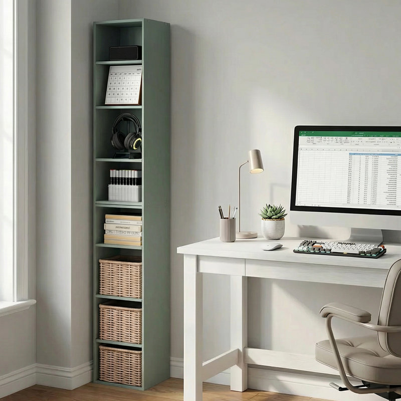 Largeur de la bibliothèque Fulda, (8 tablettes) H 70,9 po x l 11,8 po x P 9,3 po, Vert sauge