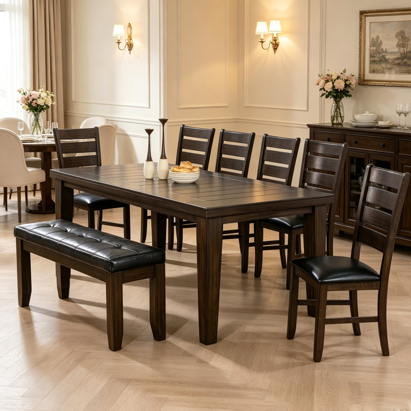 Table de salle à manger de style transitionnel urbain de 122 cm (48 po) – Teinte noyer riche avec placage en bois massif, plateau à motif circulaire en creux et pieds carrés – Capacité de 8 couverts, table polyvalente autoportante