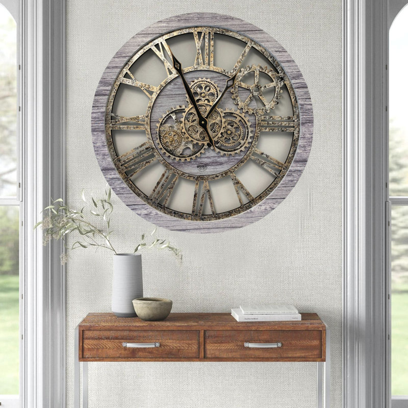 Wall Clock 24" Round Oversized for Living Room decor with Real Moving Gears America Collection, Silver Gray
