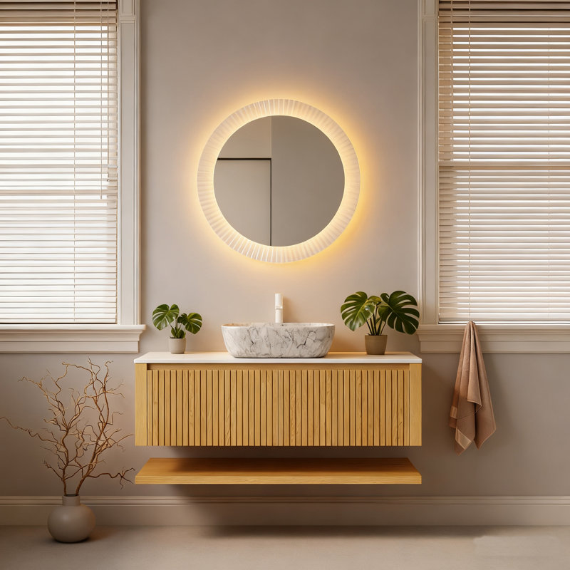 HIZON 48" Floating Bathroom Vanities With Vessel Sink,Fluted Bathroom Cabinet With Drawers And Open Shelf, Rectangle