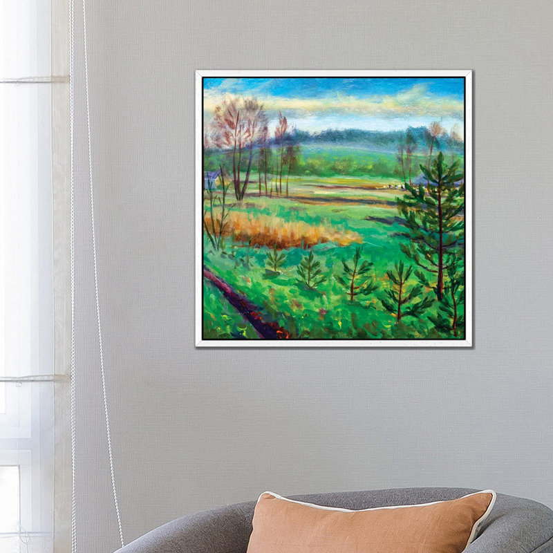 Green Meadows Fields Foggy Forest Hill by Valery Rybakow - Painting on Canvas, 66.04 cm H x 66.04 cm W, White Framed Canvas
