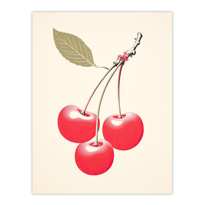 Wall Art Print Red Smudge Cherries on Stem with Leaf Bright Alabaster Retro Kitchen Painting Poster