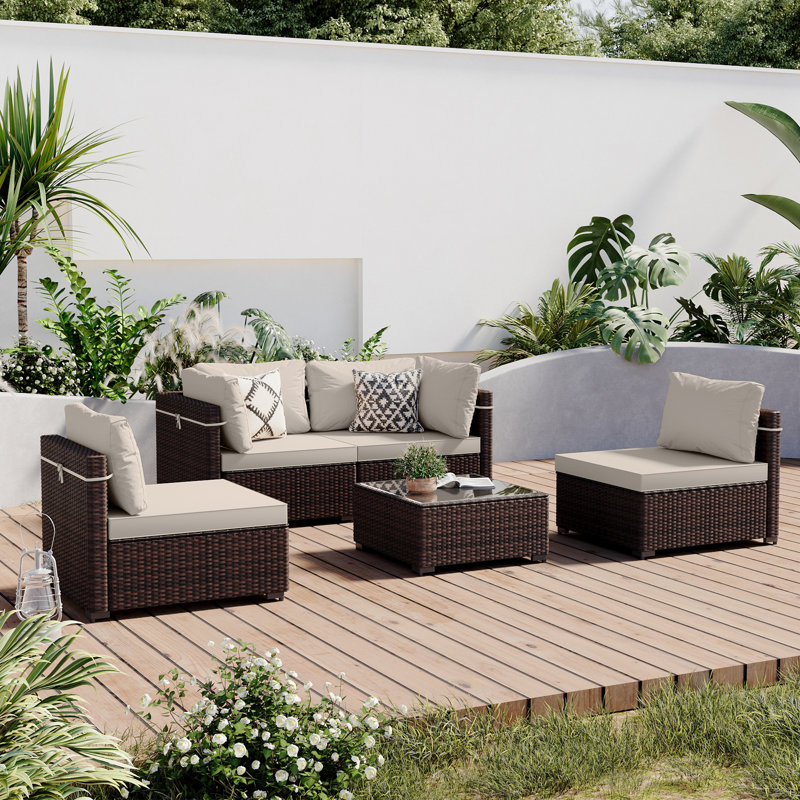 5-piece wicker patio conversation sets with cushions, Beige, 5 Pcs, Brown