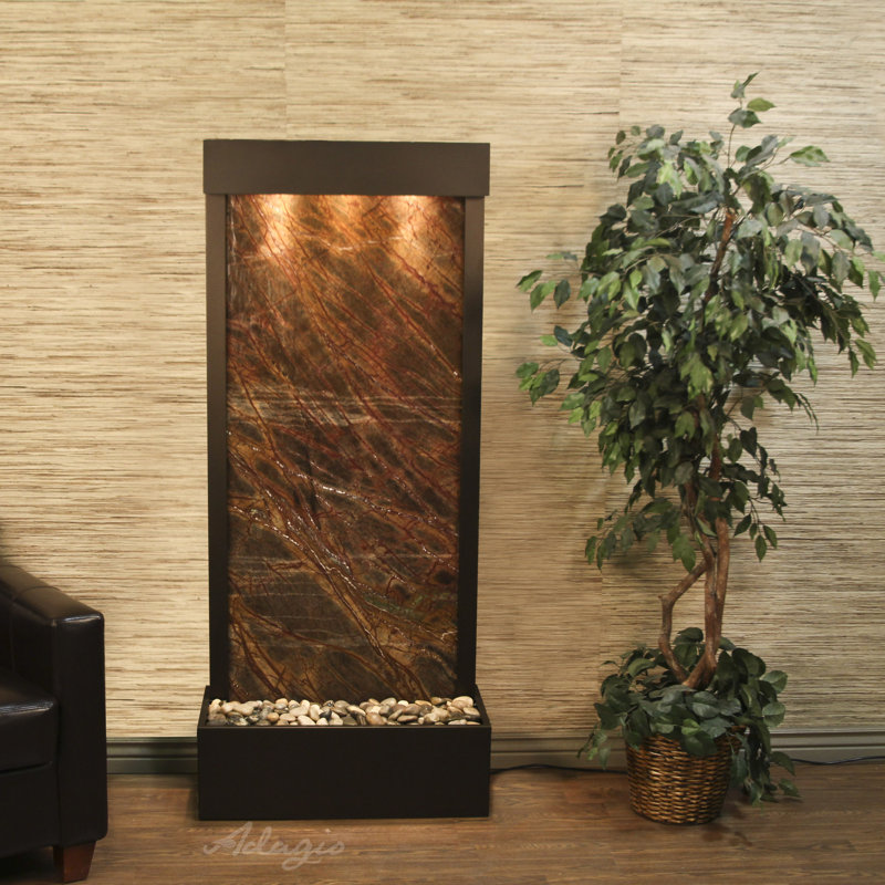 Fontaine solaire en acrylique avec lumière Harmony River, Bronze antique, Marbre brun forêt tropicale