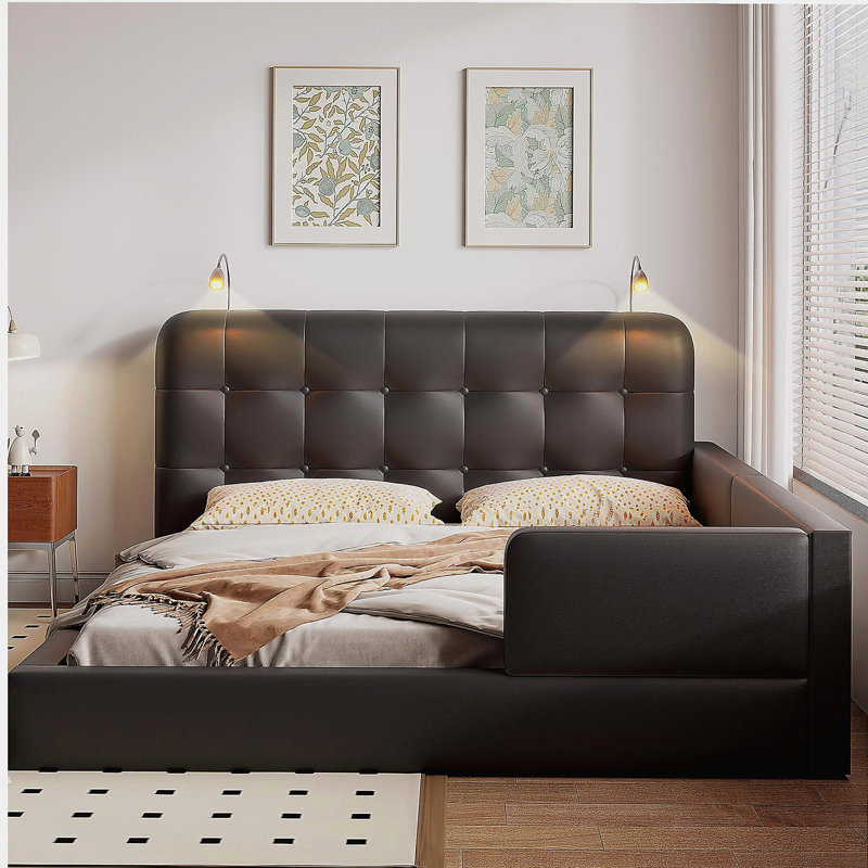 Grand lit plateforme avec deux lampes de lecture, Noir