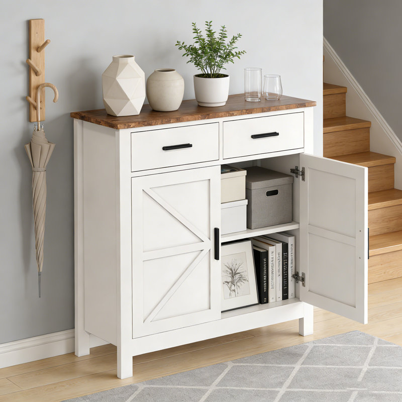 White Modern Farmhouse Kitchen Storage Cabinet, Coffee Bar Buffet With 2 Drawers & 2 Doors For Living Dining Bathroom