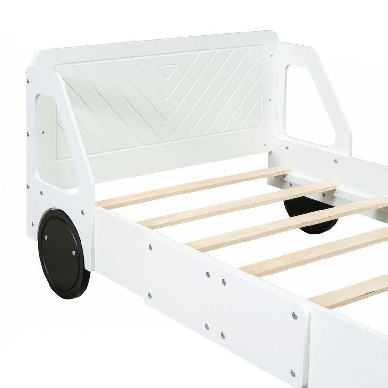 Lit plateforme en forme de voiture avec roulettes, Simple, Blanc