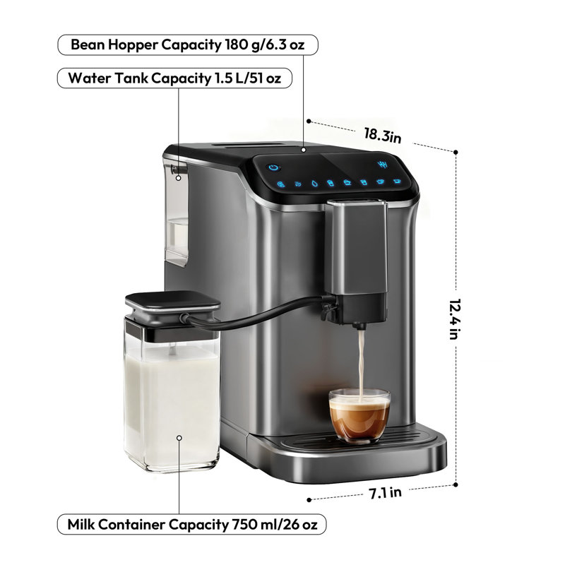 Euhomy 20 Bar Fully Automatic Coffee And Espresso Machine With Milk Frother & Smart Touchscreen, Self-cleaning, Removable Water Reservoir, Steel Grey