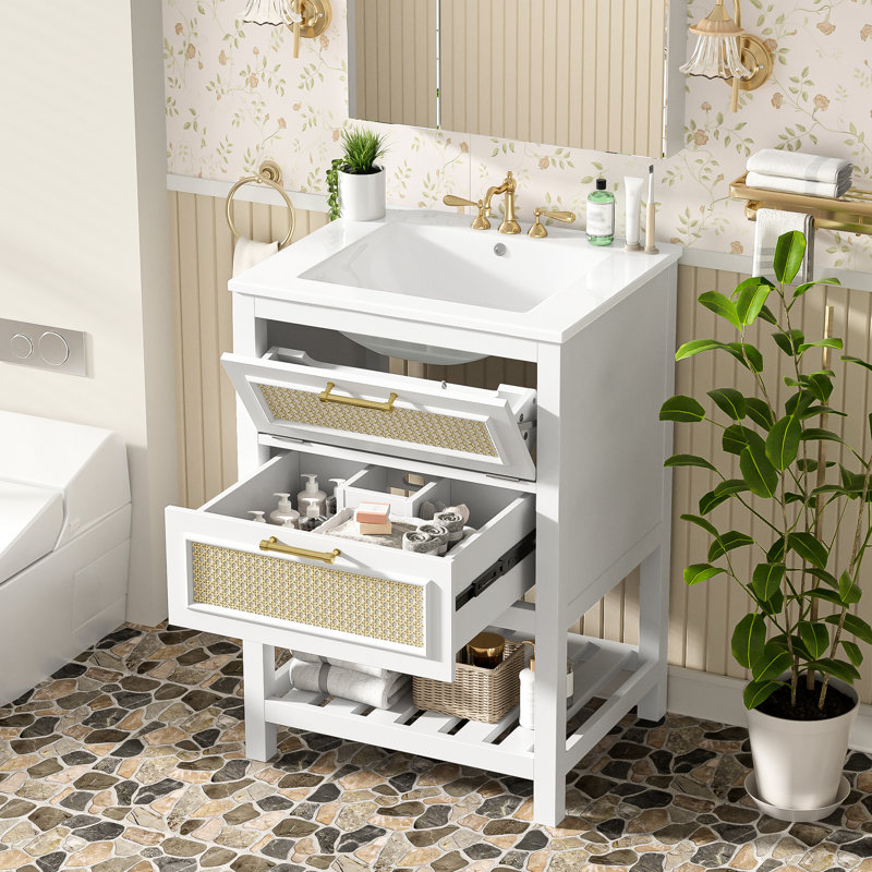 Meuble-lavabo simple de 24 po, lavabo intégré, peu encombrant, assemblage rapide, compatible avec les robinets de 4 po, lavabo en céramique, conception facile à utiliser, compatibilité facile