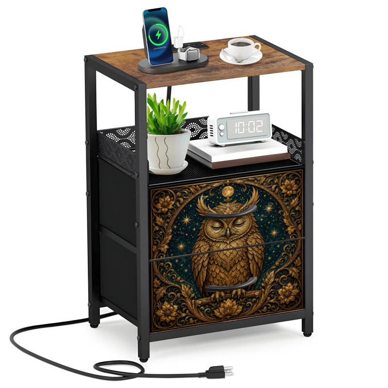 Table de chevet 2 tiroirs en tissu avec station de charge Hibou doré à motif floral complexe Nuit étoilée Table de chevet Table de bout avec tablettes USB ouvertes