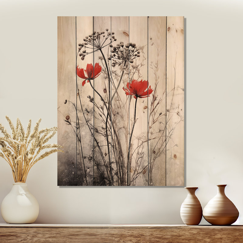 «Red Grey Herb Garden I», art mural floral sur bois de pin naturel, H 32 po x l 24 po
