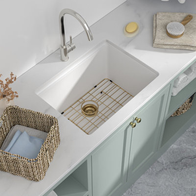 Évier de service encastré en quartz blanc de 21 po avec accessoires dorés Mocoloo