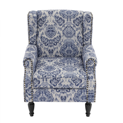 Duward Damask Navy Floral Upholstered Wingback Accent Chair with Nailhead Trim