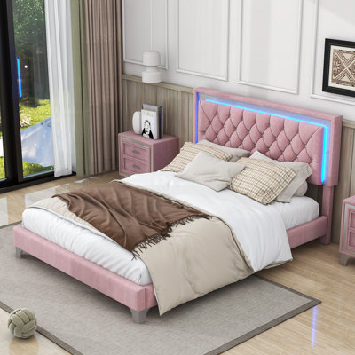 Keare Queen Size Velvet Upholstered Bed with LED Lights and Headboard -  Rosdorf Park, 62DE274BCE9E49F79A0BA3F776E42A40