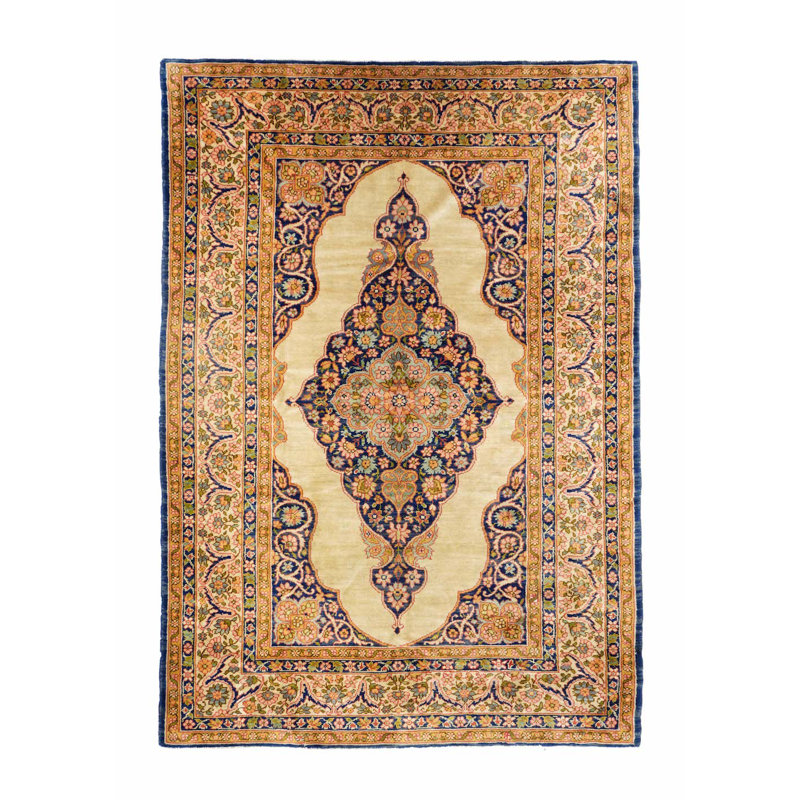 Tapis beige en laine noué à la main de conception unique 5 pi 3 po x 7 pi 8 po