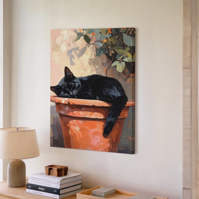 Sleeping Cat In Flower Pot Peaceful Painterly Garden Peace Wall Art Canvas Ready To Hang Gallery Wrapped Home Decor Premium Quality