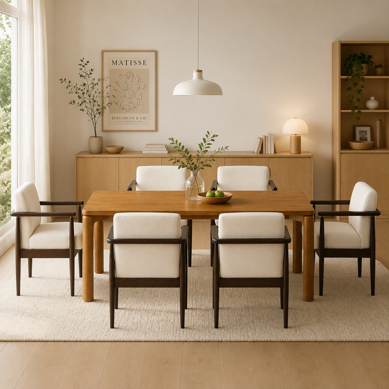 Ensemble de salle à manger de style milieu du siècle 7 pièces pour 6 personnes, table en hévéa et noyer de 178 cm avec 6 chaises rembourrées, revêtement en tissu beige