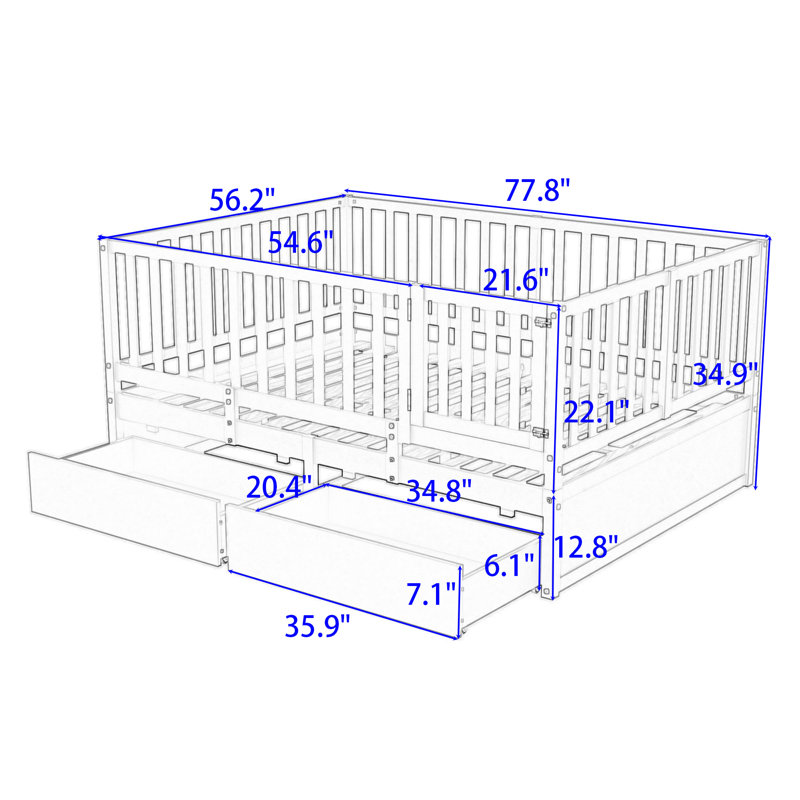 Wood 2 Drawers Floor Bed with Guardrails, Full, Gray