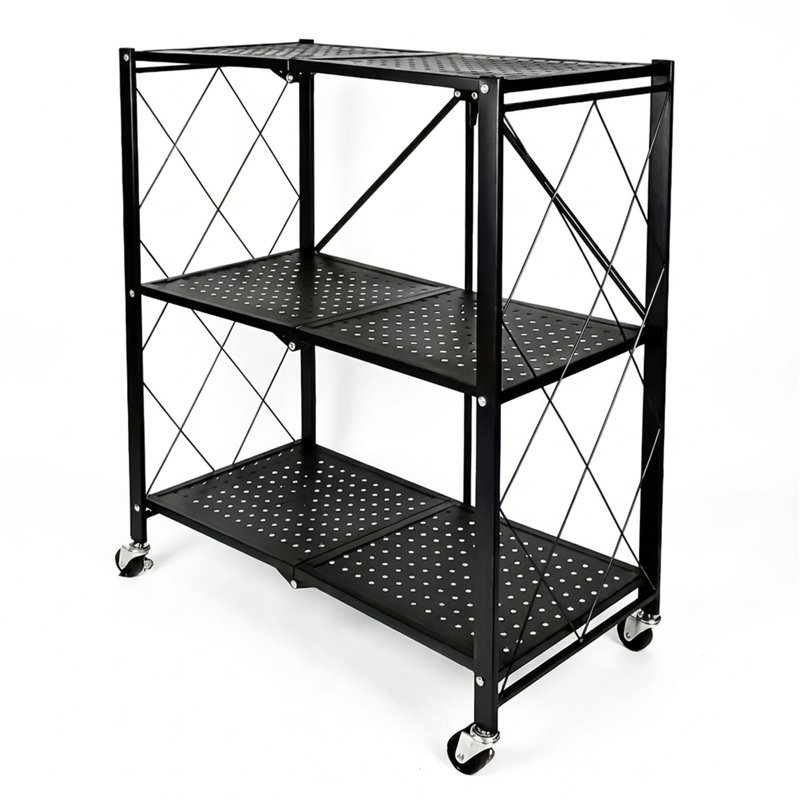 Support de rangement pliable en métal à trois niveaux avec roulettes; Unité de rangement amovible noire, idéale pour les garages et les cuisines