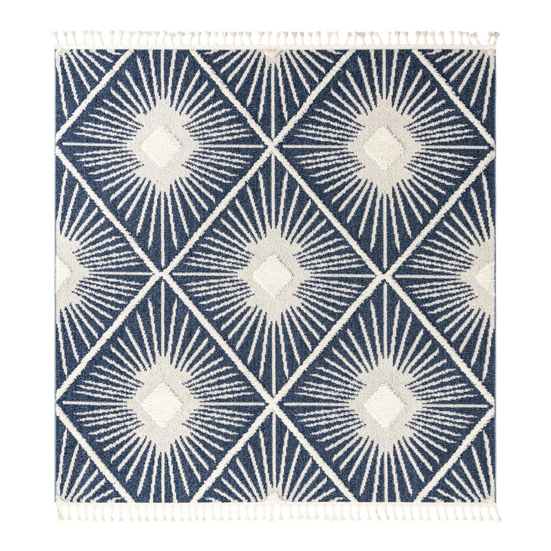 Geometric Machine Woven Runner 2'7 x 12' Polyester Area Rug in Blue, Square 7'10"