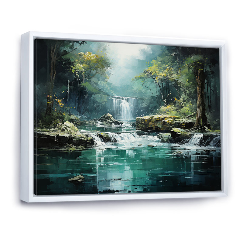 Cascade, paysage de falaise III, H 34 po x l 44 po x P 1,5 po, Cadre flottant blanc