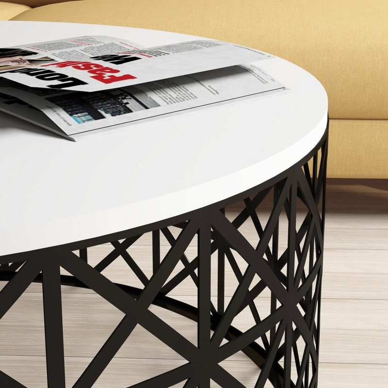 Modern Coffee Table with Wrought Iron Legs, Black & White Geometric Design, 35.4 x 35.4 x 15.0 inches | 100% Melamine Coated Particle Board, Thickness: 0.7 inches | Stylish & Functional for Living Room & Office Spaces