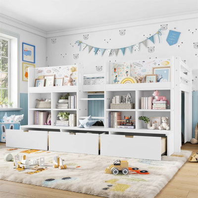 Lit mezzanine bas avec tablettes de rangement, rideau et tableau noir, aucun sommier nécessaire, idéal pour les chambres d'enfants