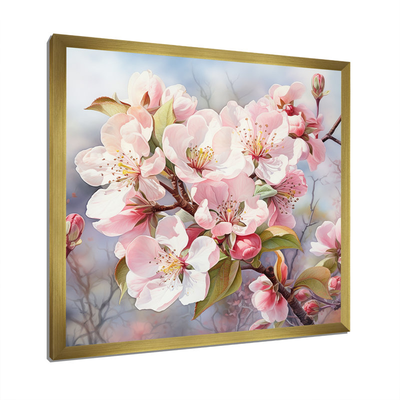Fleur de pommier en hiver sur toile, Encadrement doré, H 24 po x l 24 po x P 1 po