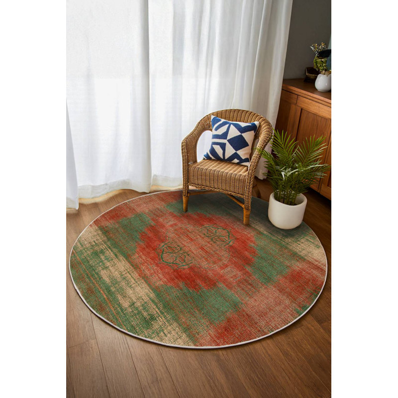 Greysi Collection Digital Print Cotton-Polyester Green Red Oriental Rug, Round 3'4"