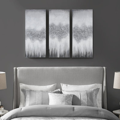 Art moderne sur toile gris et noir moderne, lourdement orné de pierres naturelles scintillantes, pour la décoration intérieure, l 15 po x H 35 po x P 1,5 po, chaque pièce d'art mural lumineux, 3 embellissements lourds, abstrait,