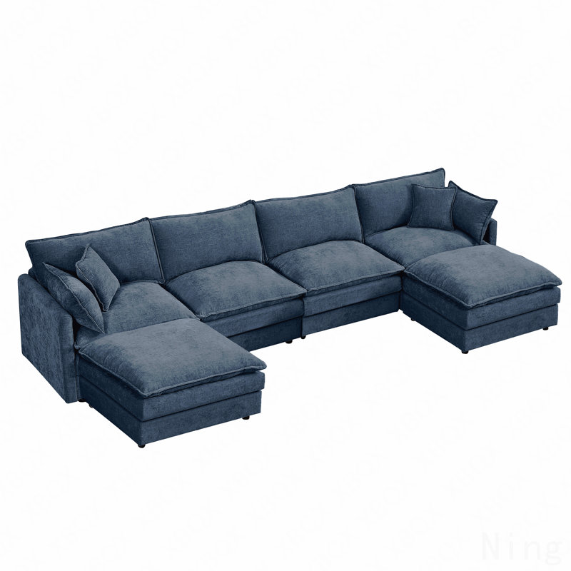 130.7" U-Shaped Modular Sectional Sofa, Chenille Fabric with Ottoman - Blue, Blue