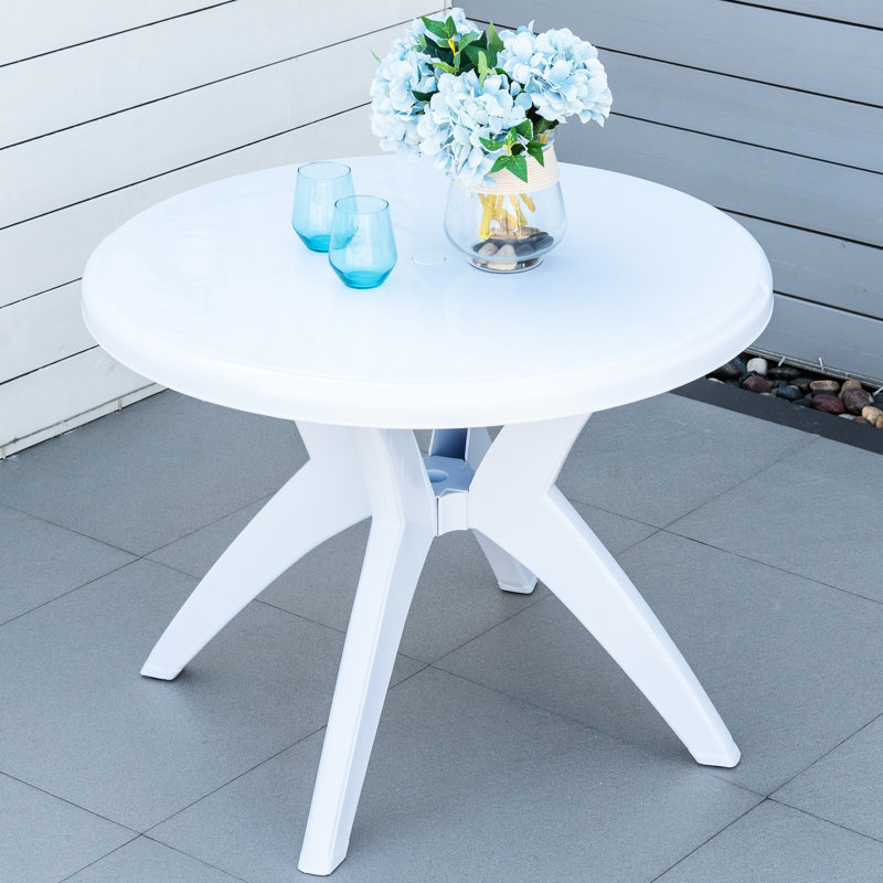 Table ronde blanche en plastique de 36,68 po avec trou pour parasol, idéale pour les fêtes entre amis, détente sous le porche, table de bistro antidérapante, préparation au kayak au bord de la piscine, jeux, 88 lb