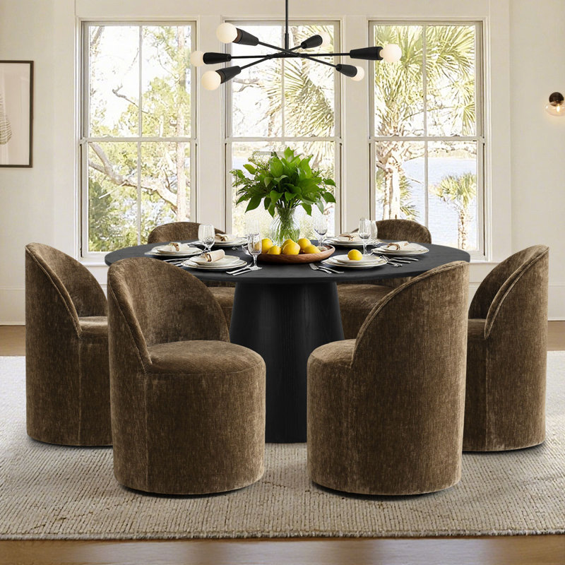 Ensemble de table de salle à manger pour 6 personnes avec table ronde et 6 chaises rembourrées, Brun, Noir