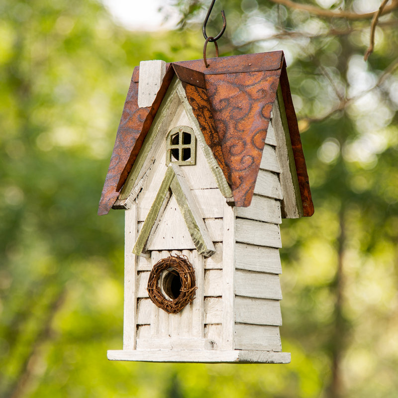 Strader Distressed Solid Wood Villa Decorative Outdoor Garden Birdhouse, White/Gold