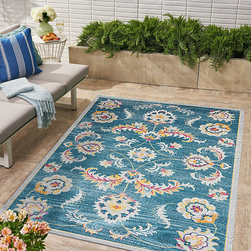 Poulin Floral Flatweave Blue/Yellow/Pink Power Loomed Indoor/Outdoor Area Rug, Rectangle 5'3" x 7'10"