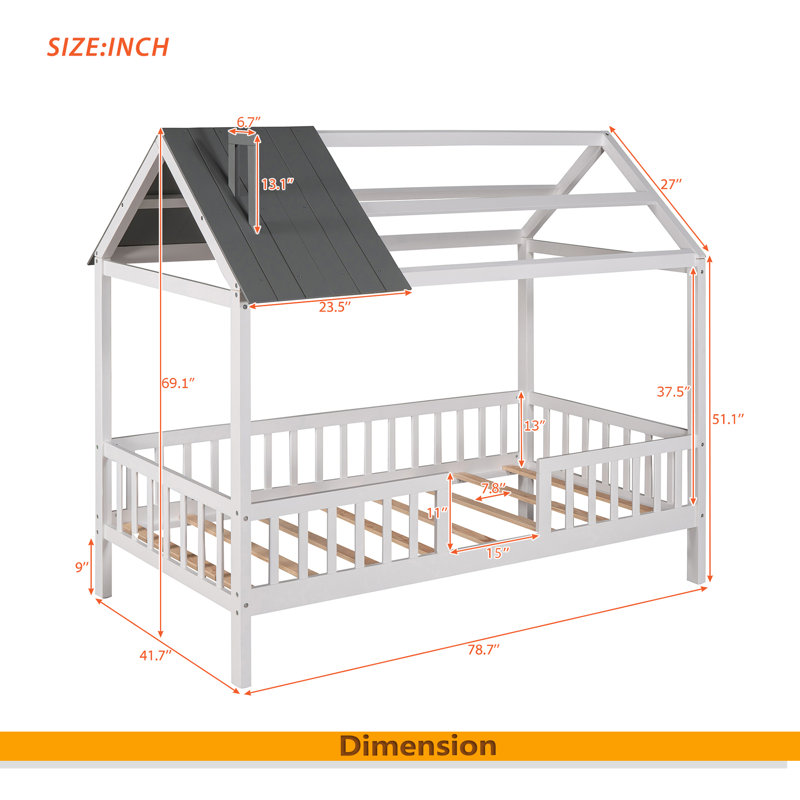 Twin Size Wood House Bed With Fence, Gray/White