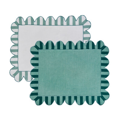 Embroidered Linen Scalloped Stripe Double-Sided Placemats