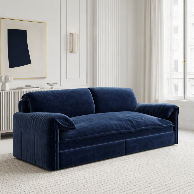 Grand canapé-lit coulissant avec rangement latéral et port USB, Velours bleu