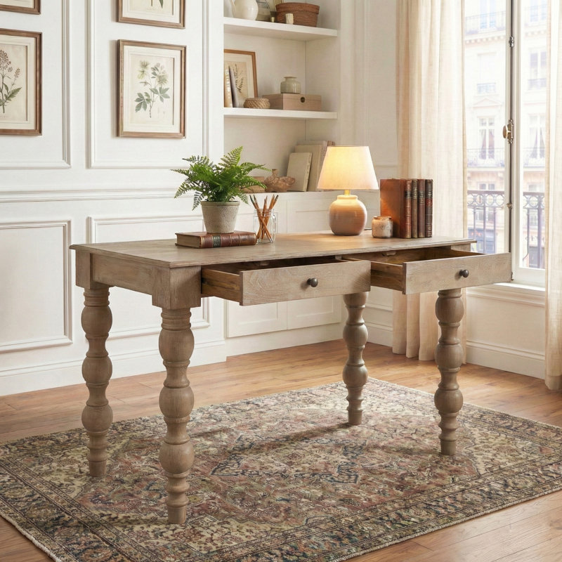 Bureau à 2 tiroirs Braydan avec pieds tournés à la main - Naturel rustique, Rustique naturel