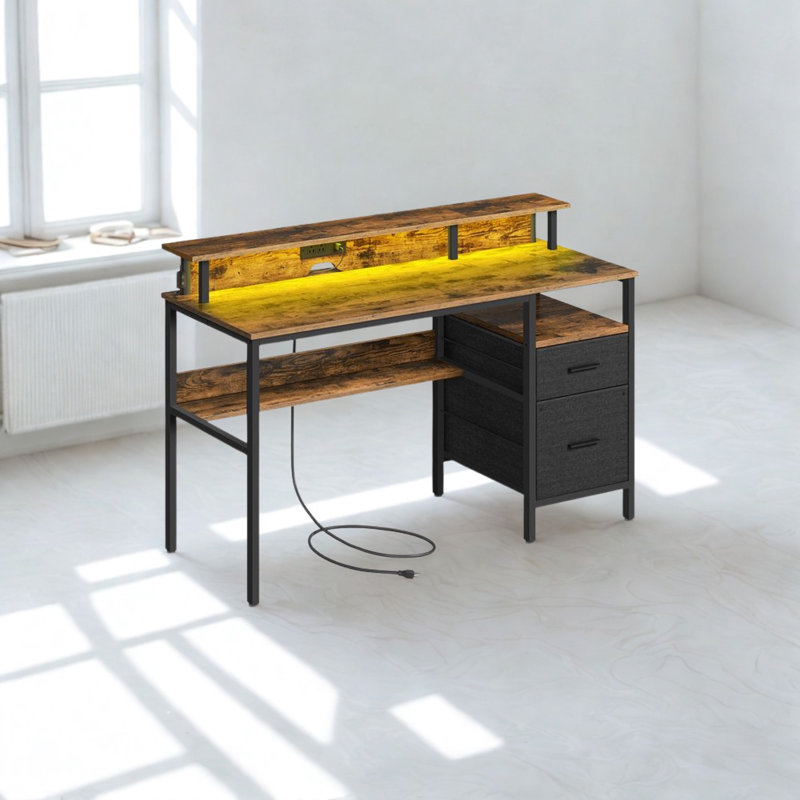 Industrial 120CM Computer Desk With USB Outlets and LED Lights, 90cm H x 135cm W x 55cm D