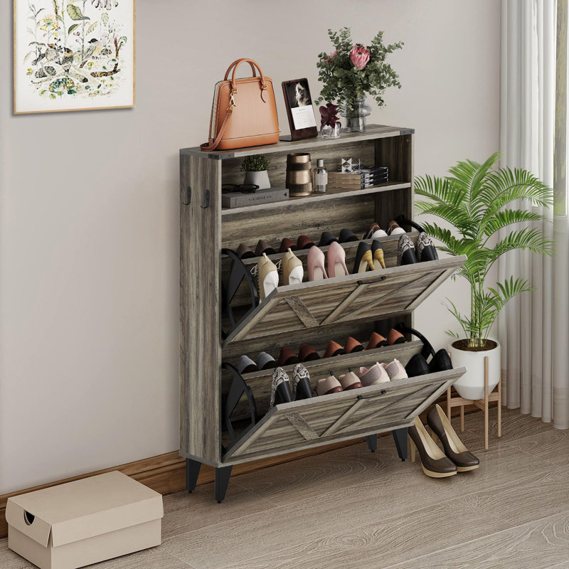 Freestanding Shoe Cabinet with 2 Flip Drawers, Adjustable Shelf and Metal Legs for Entryway Storage, Gray